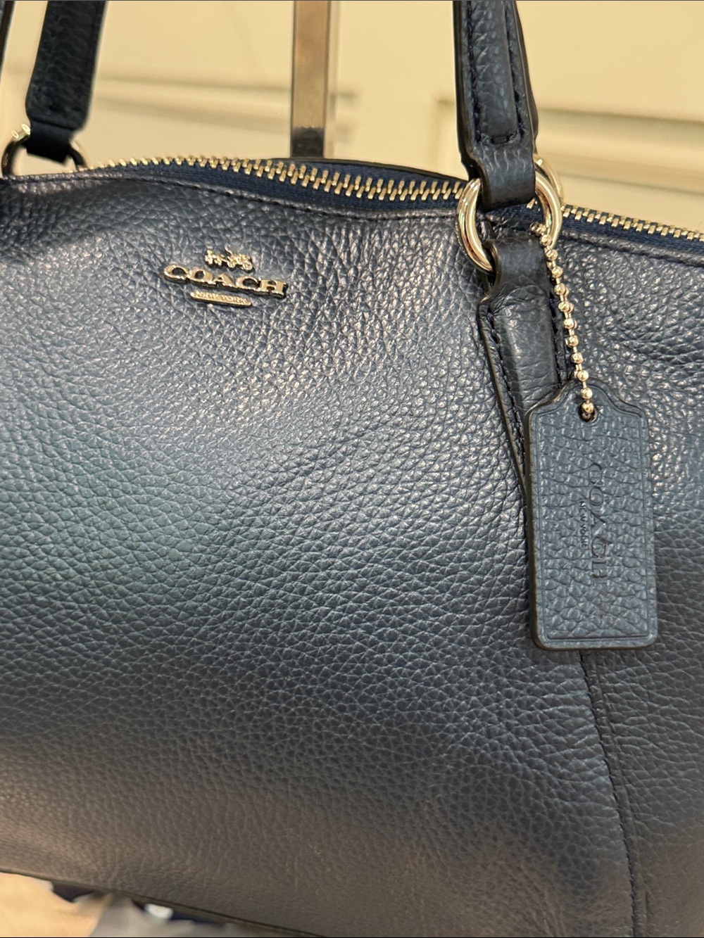 COACH Bag Mini Kelsey Pebbled Leather Metallic Navy Tote Crossbody - Picture 6 of 17